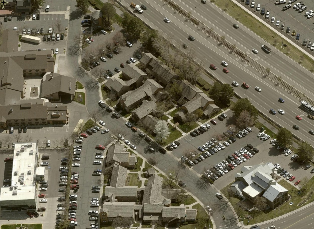 Aerial view of Cottontree Square office park with lush gardens and surrounding buildings